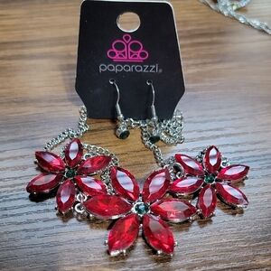Paparazzi Red and Green Floral Necklace And Earrings Set